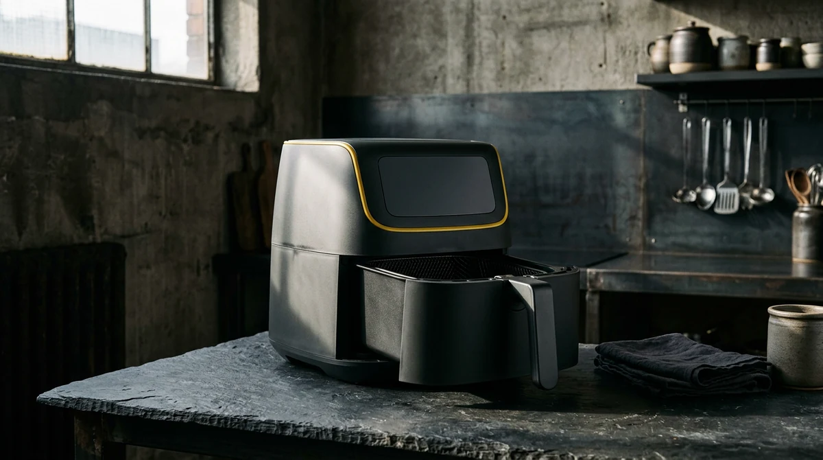 Air fryer on a dark worktop