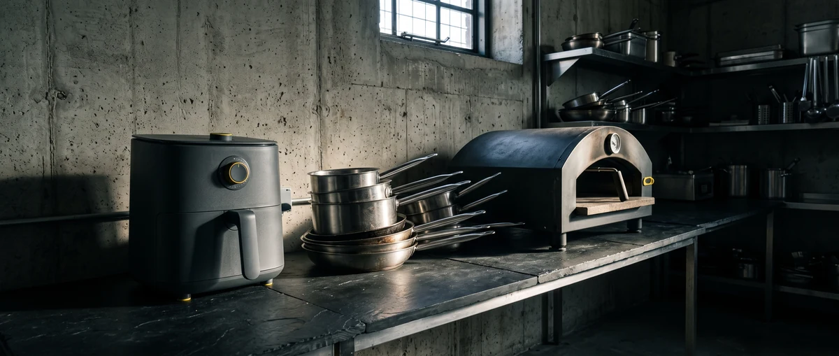 An industrial kitchen counter with an air fryer, stacked pans and a countertop pizza oven